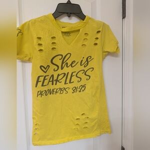 On Fire  Distressed Yellow Tee with "She Is Fearless' Graphic